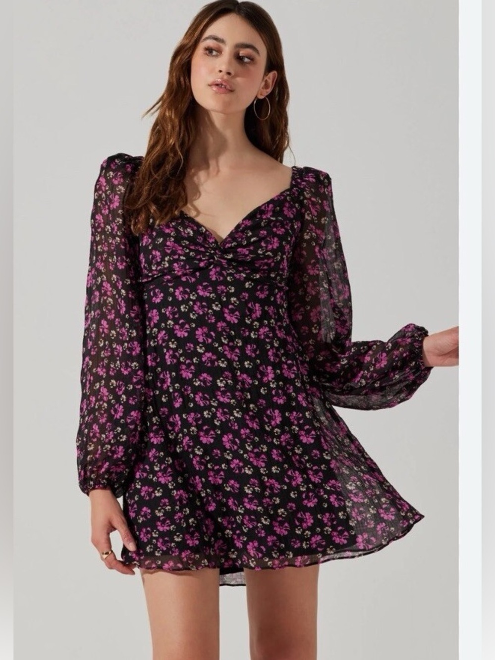 ASTR The Label Padma Floral Mini Dress Medium Black Pink Sheer Sleeve